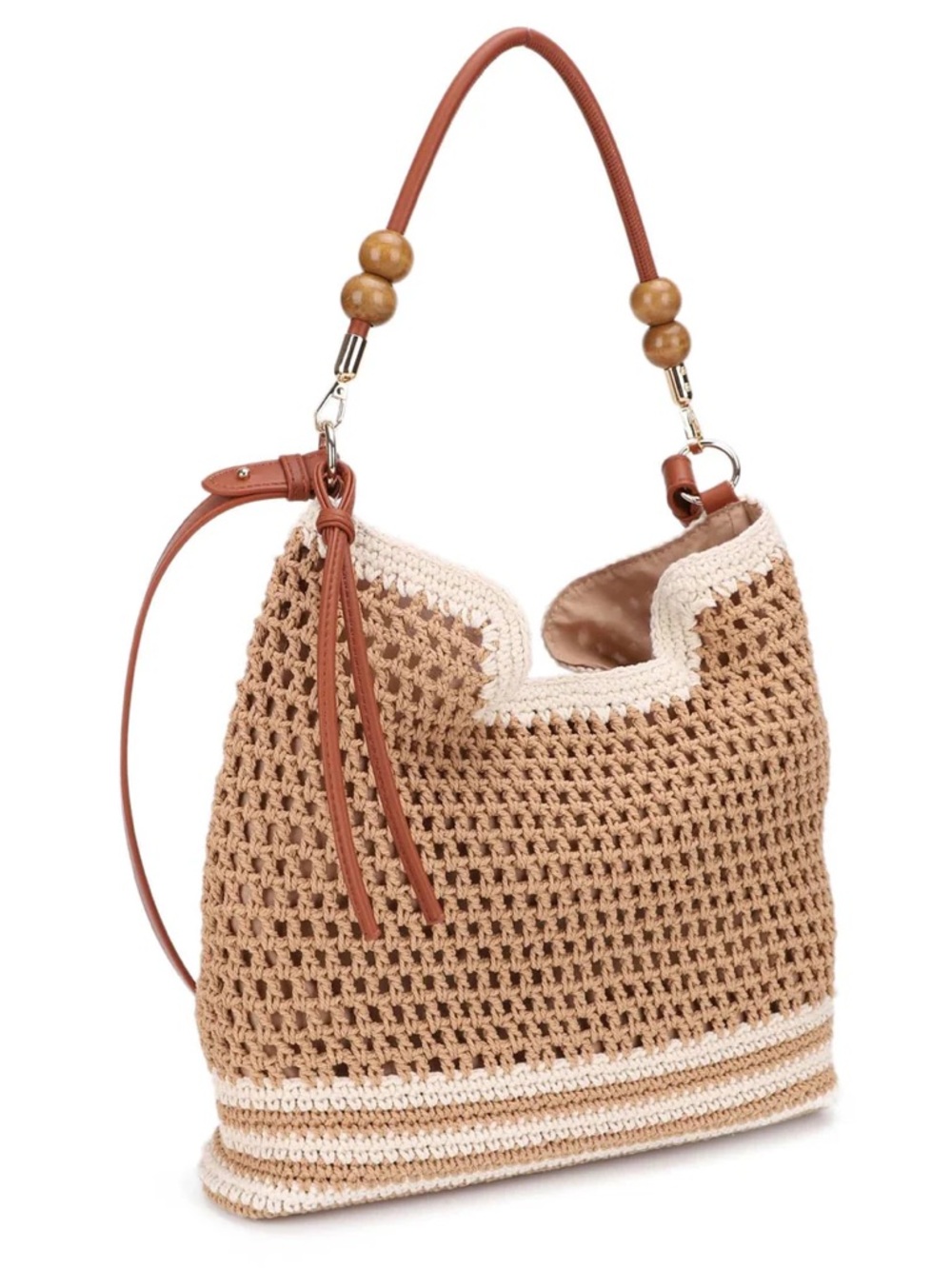 Woven Beach Tote Bag in Natural and White - Stylish Women's Shoulder Bag - Picture 2 of 3